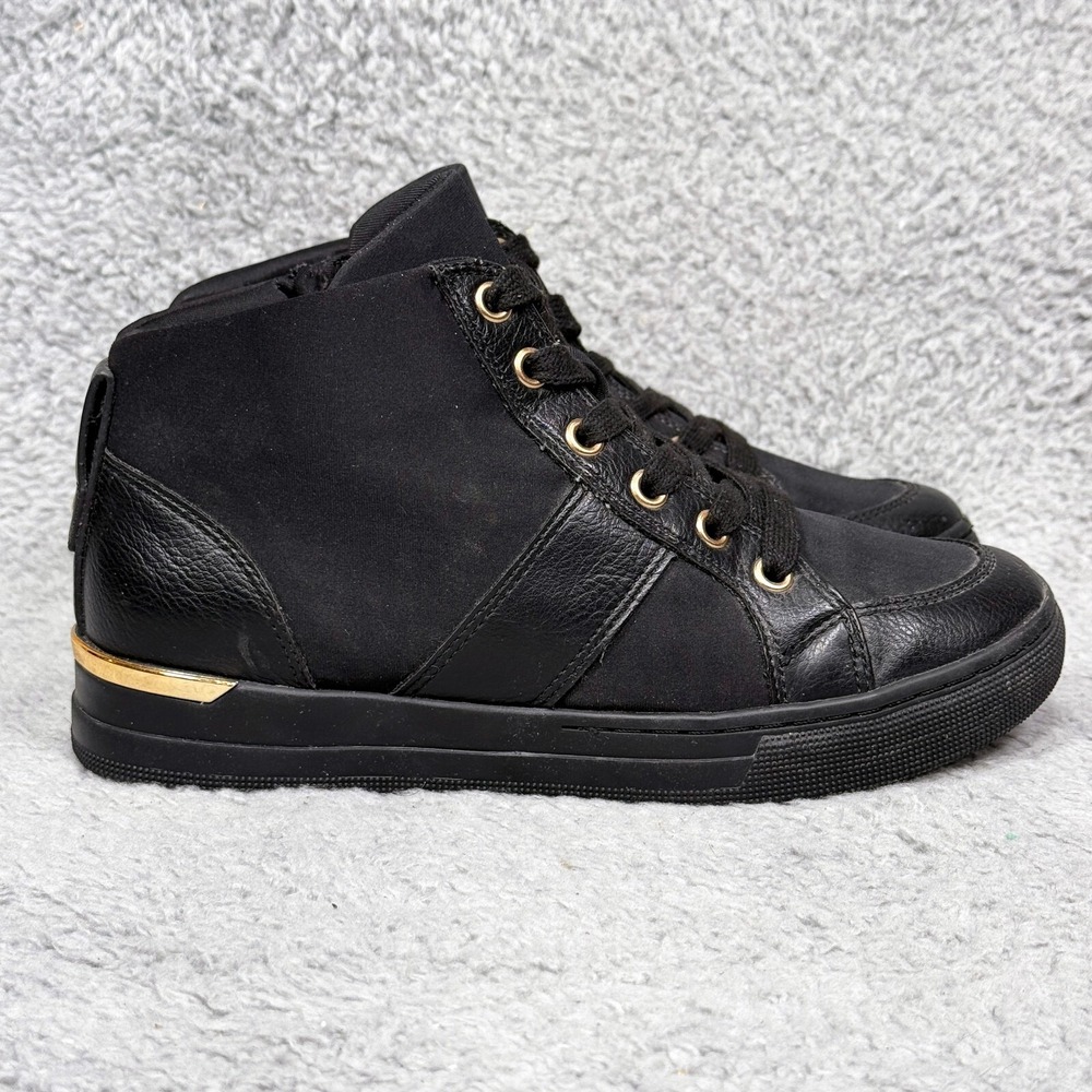 ALDO Womens Size 6.5 Mid Top Sneakers Shoes Black Leather Gold Accent Side Zip